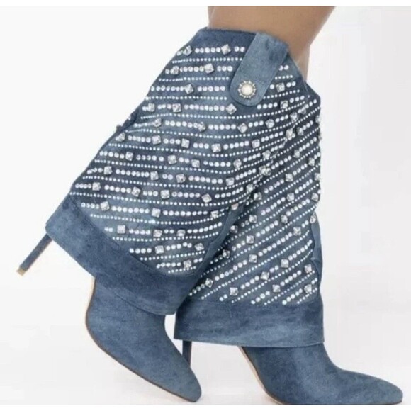 Azalea Wang Playing To Win Rhinestone Studded Denim Stiletto Bootie Women’s 8 - Picture 1 of 8